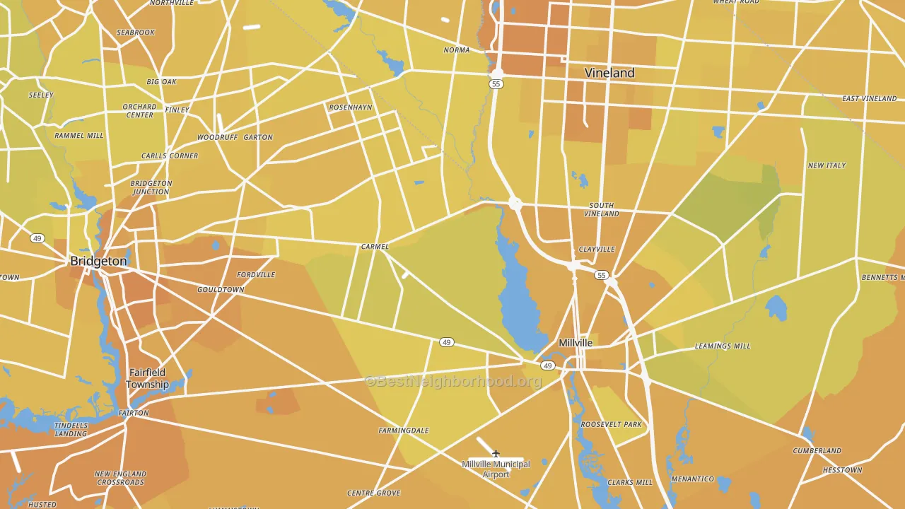 Map of the best neighborhoods in the Cumberland County area, with better matches in green and worse matches in red