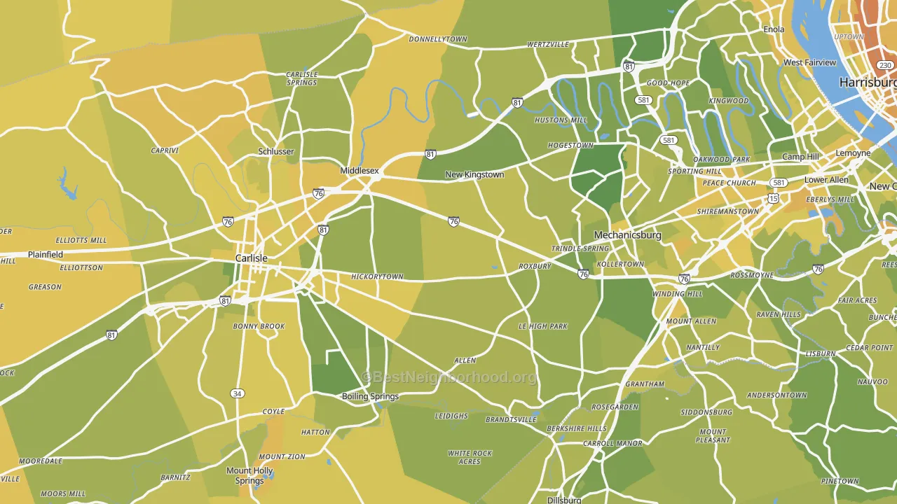 Map of the best neighborhoods in the Cumberland County area, with better matches in green and worse matches in red
