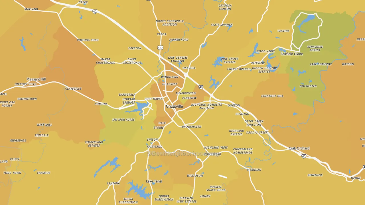 Map of the best neighborhoods in the Cumberland County area, with better matches in green and worse matches in red