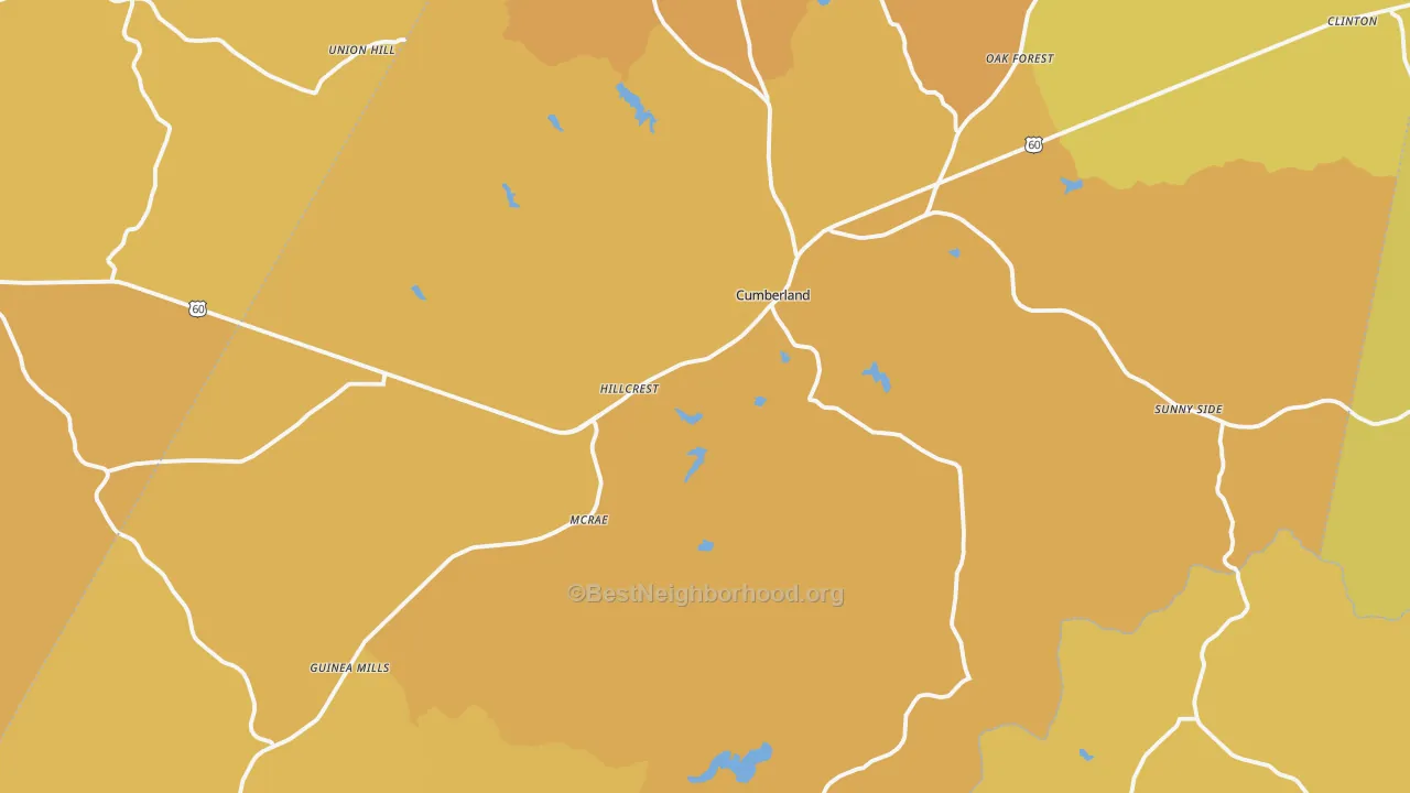 Map of the best neighborhoods in the Cumberland County area, with better matches in green and worse matches in red