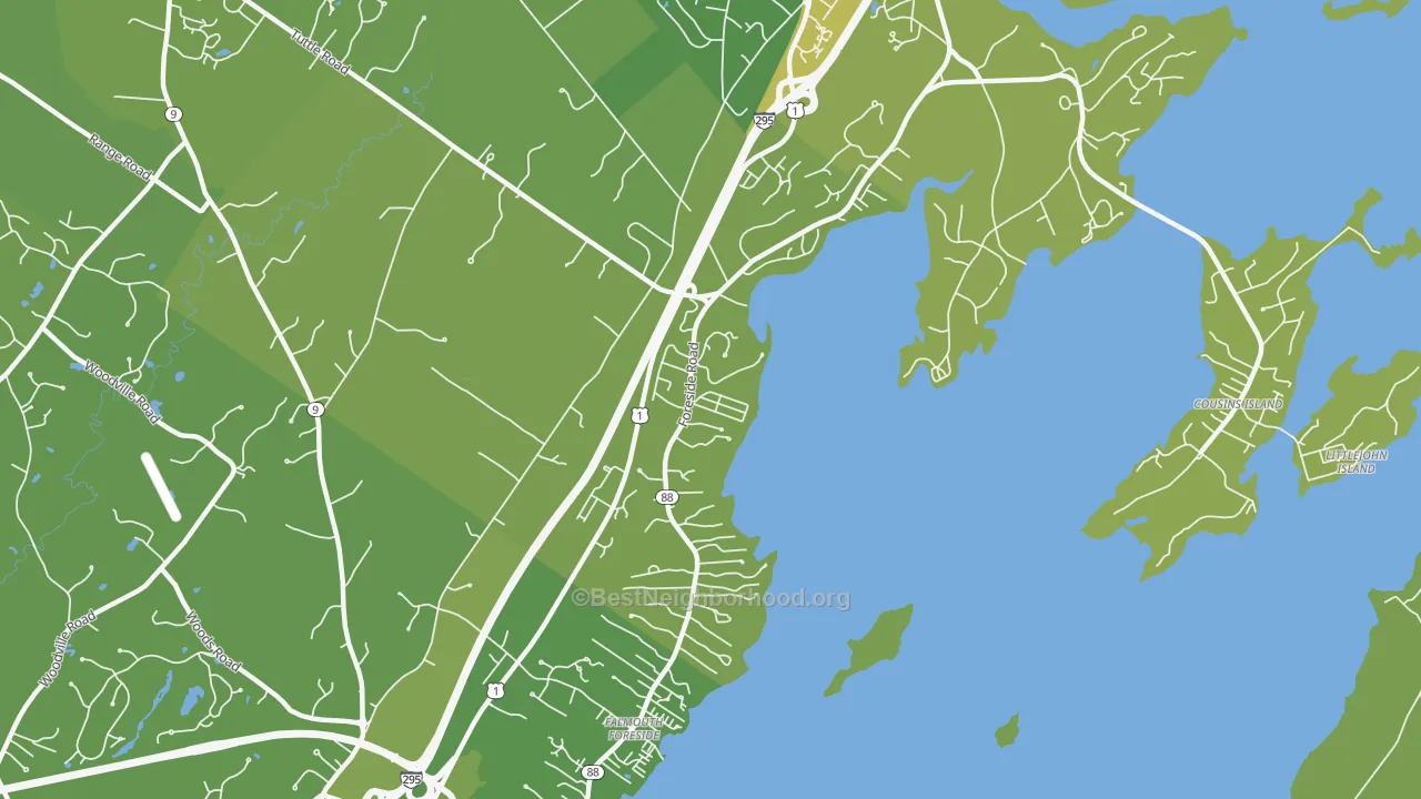Map of the best neighborhoods in the Cumberland Foreside area, with better matches in green and worse matches in red
