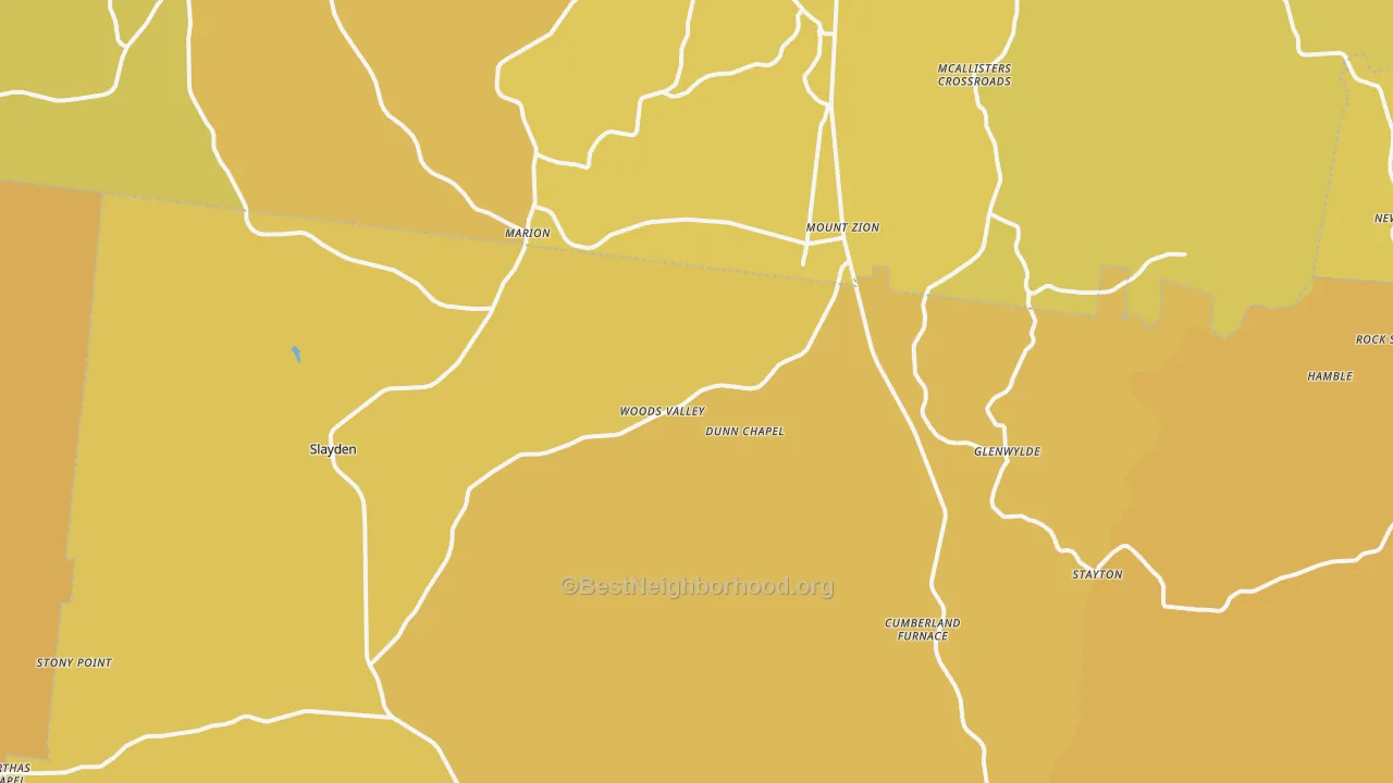 Map of the best neighborhoods in the Cumberland Furnace area, with better matches in green and worse matches in red