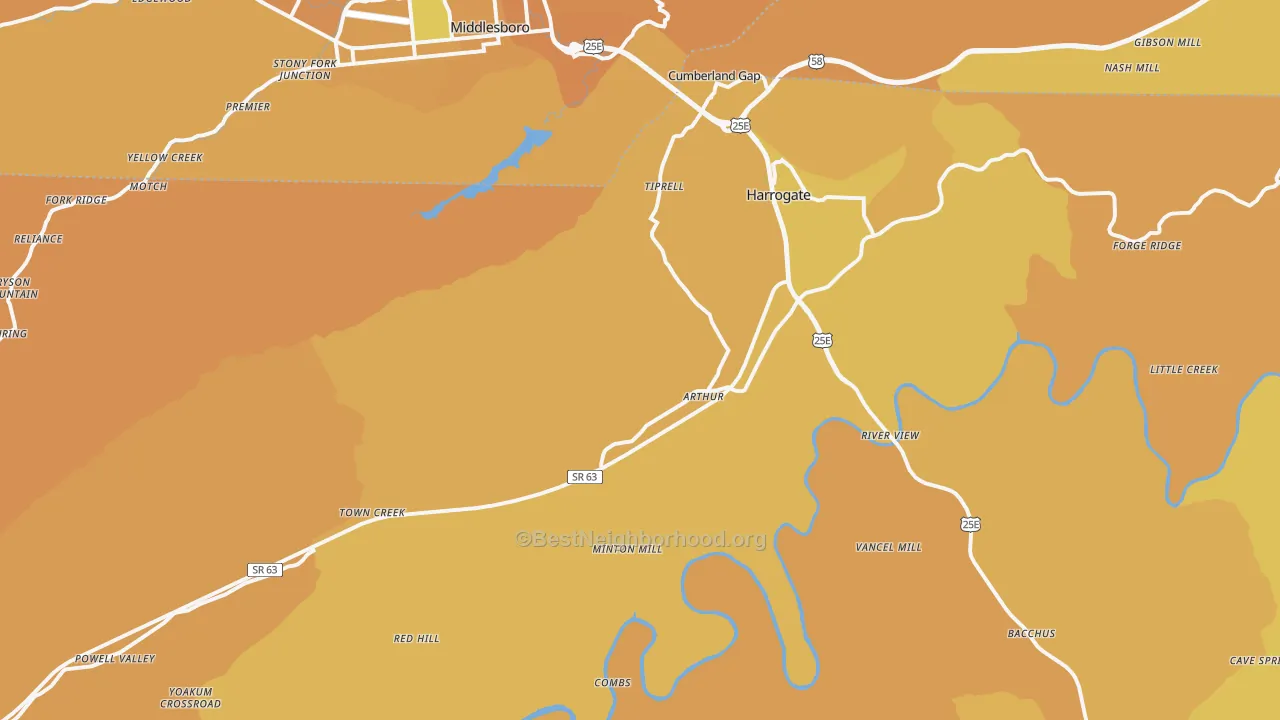 Map of the best neighborhoods in the Cumberland Gap area, with better matches in green and worse matches in red