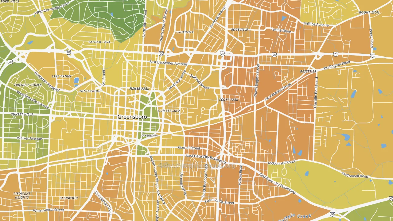 Map of the best neighborhoods in the Cumberland, Greensboro area, with better matches in green and worse matches in red