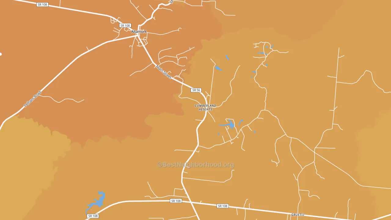 Map of the best neighborhoods in the Cumberland Heights area, with better matches in green and worse matches in red