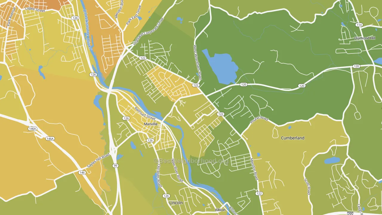 Map of the best neighborhoods in the Cumberland Hill area, with better matches in green and worse matches in red