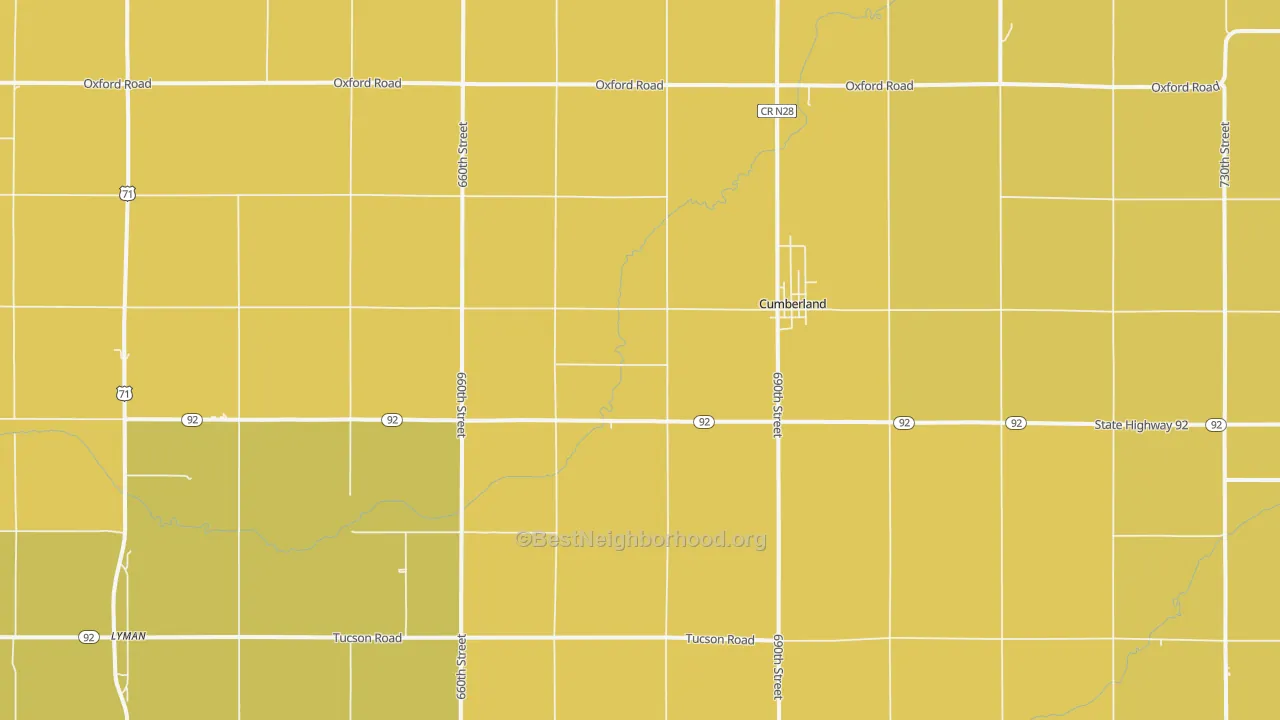 Map of the best neighborhoods in the Cumberland area, with better matches in green and worse matches in red