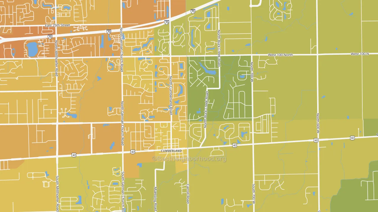 Map of the best neighborhoods in the Cumberland area, with better matches in green and worse matches in red