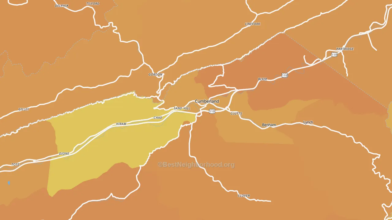 Map of the best neighborhoods in the Cumberland area, with better matches in green and worse matches in red