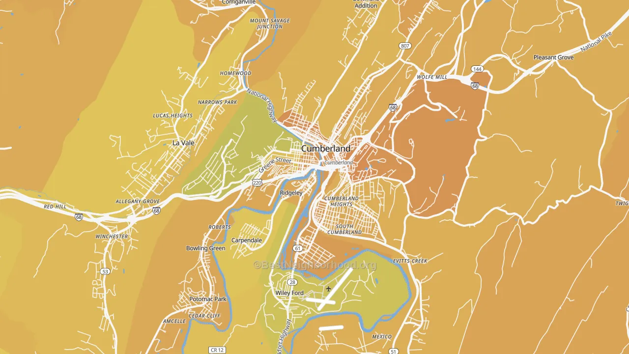 Map of the best neighborhoods in the Cumberland area, with better matches in green and worse matches in red