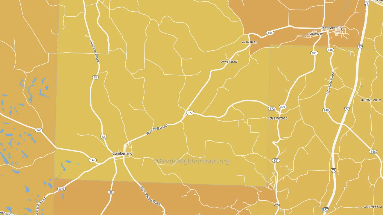 Map of the best neighborhoods in the Cumberland area, with better matches in green and worse matches in red