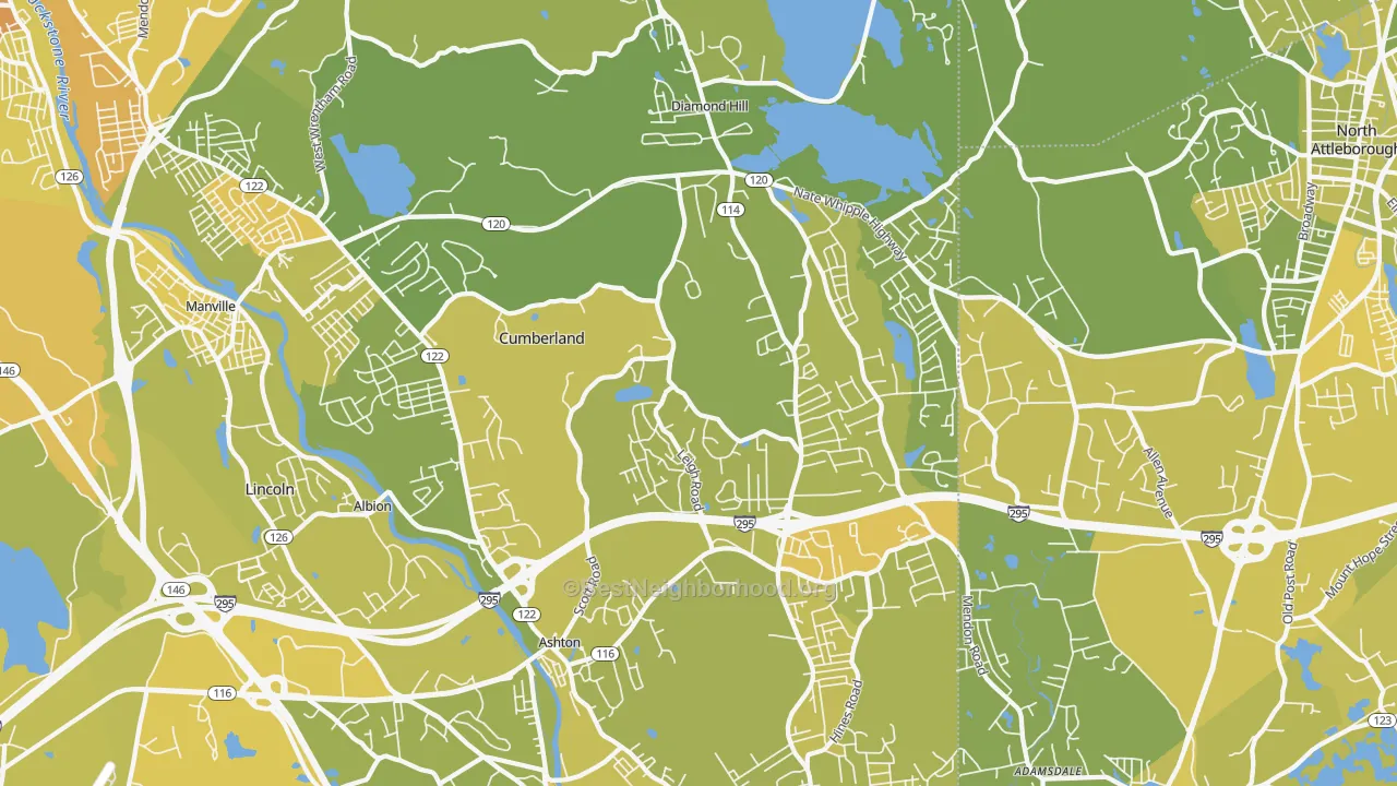 Map of the best neighborhoods in the Cumberland area, with better matches in green and worse matches in red