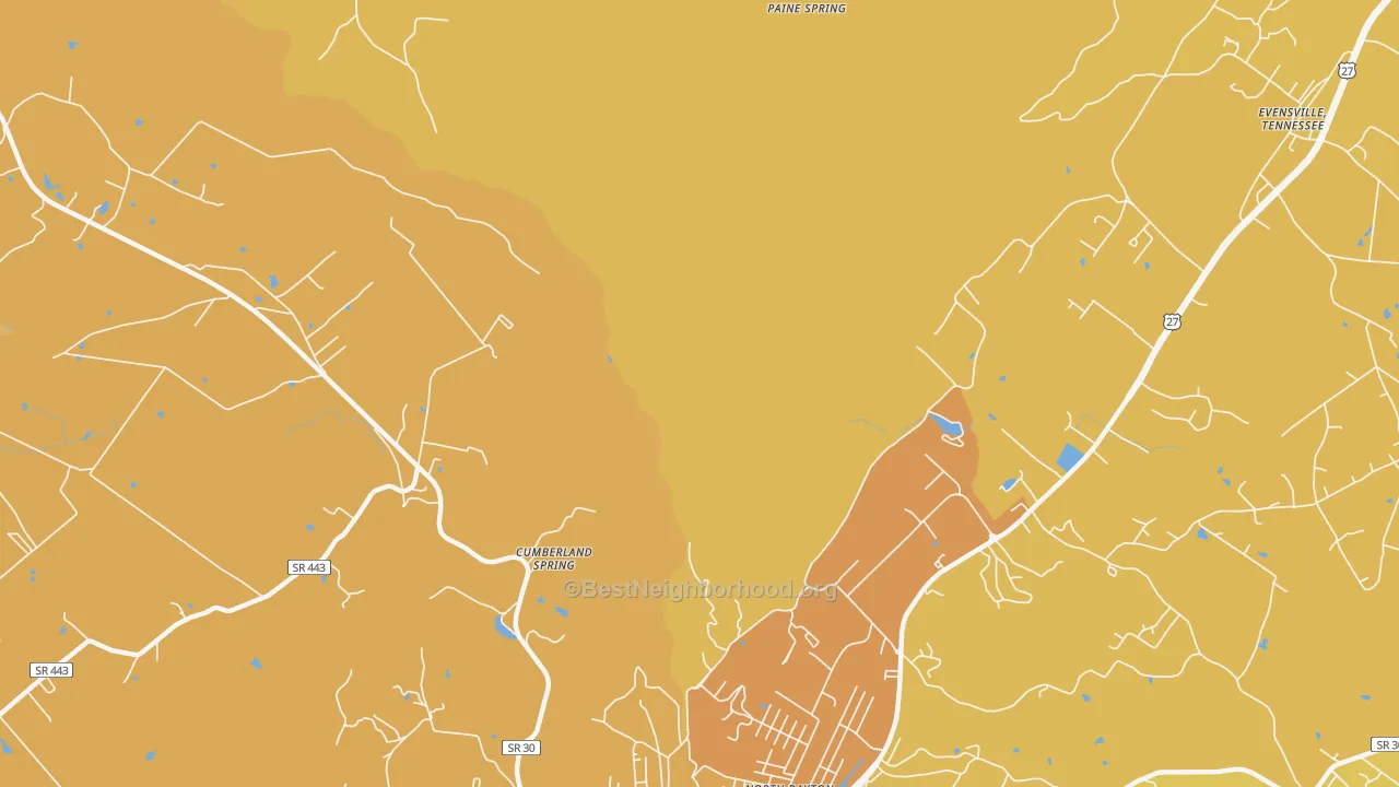 Map of the best neighborhoods in the Cumberland Springs area, with better matches in green and worse matches in red