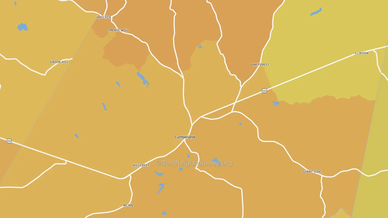 Map of the best neighborhoods in the Cumberland area, with better matches in green and worse matches in red
