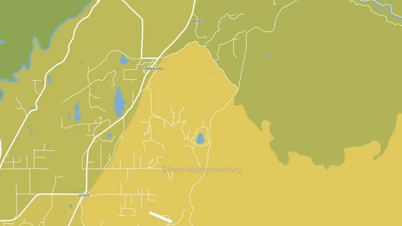 Map of the best neighborhoods in the Cumberland area, with better matches in green and worse matches in red