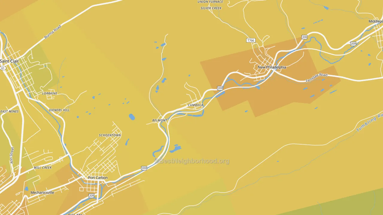 Map of the best neighborhoods in the Cumbola area, with better matches in green and worse matches in red