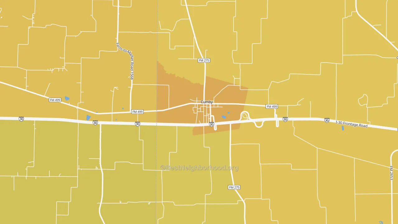 Map of the best neighborhoods in the Cumby area, with better matches in green and worse matches in red