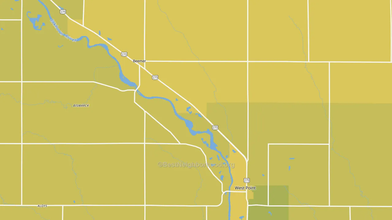 Map of the best neighborhoods in the Cuming County area, with better matches in green and worse matches in red