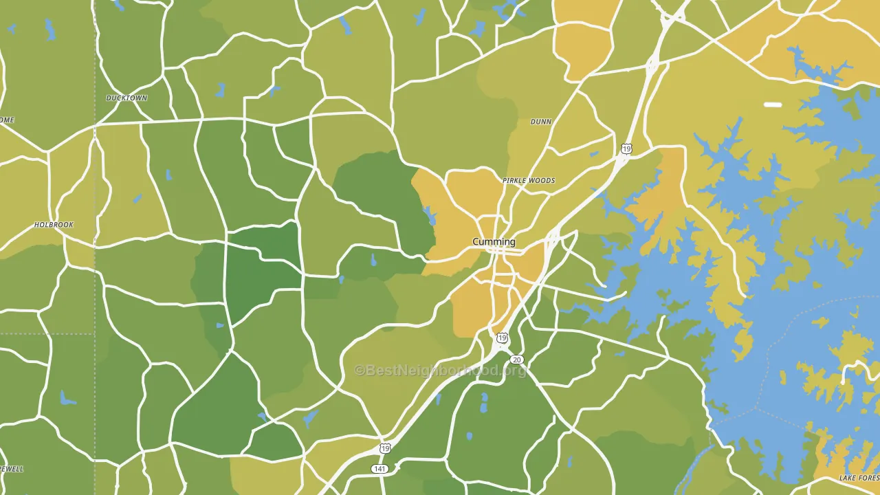 Map of the best neighborhoods in the Cumming area, with better matches in green and worse matches in red