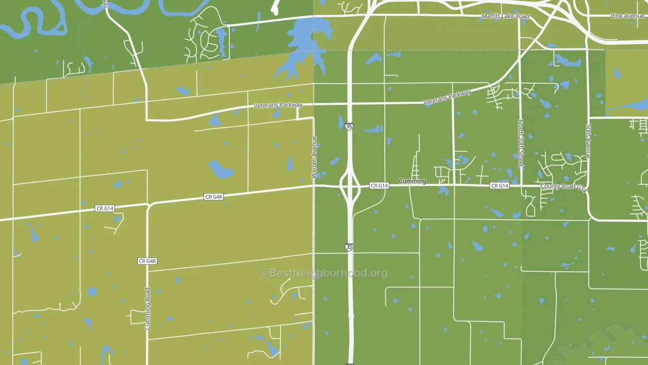 Map of the best neighborhoods in the Cumming area, with better matches in green and worse matches in red