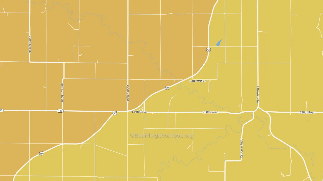 Map of the best neighborhoods in the Cummings area, with better matches in green and worse matches in red
