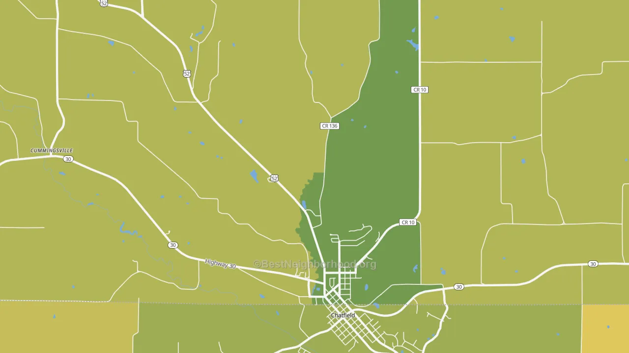 Map of the best neighborhoods in the Cummingsville area, with better matches in green and worse matches in red