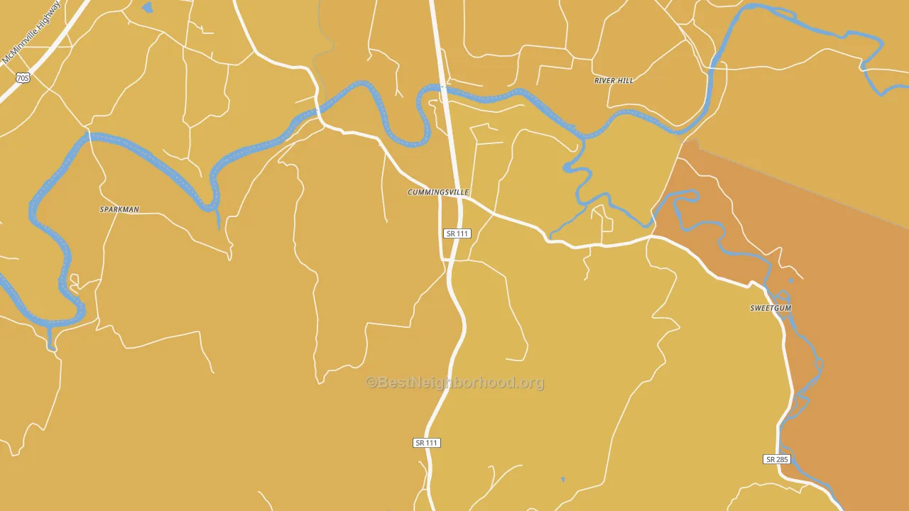 Map of the best neighborhoods in the Cummingsville area, with better matches in green and worse matches in red