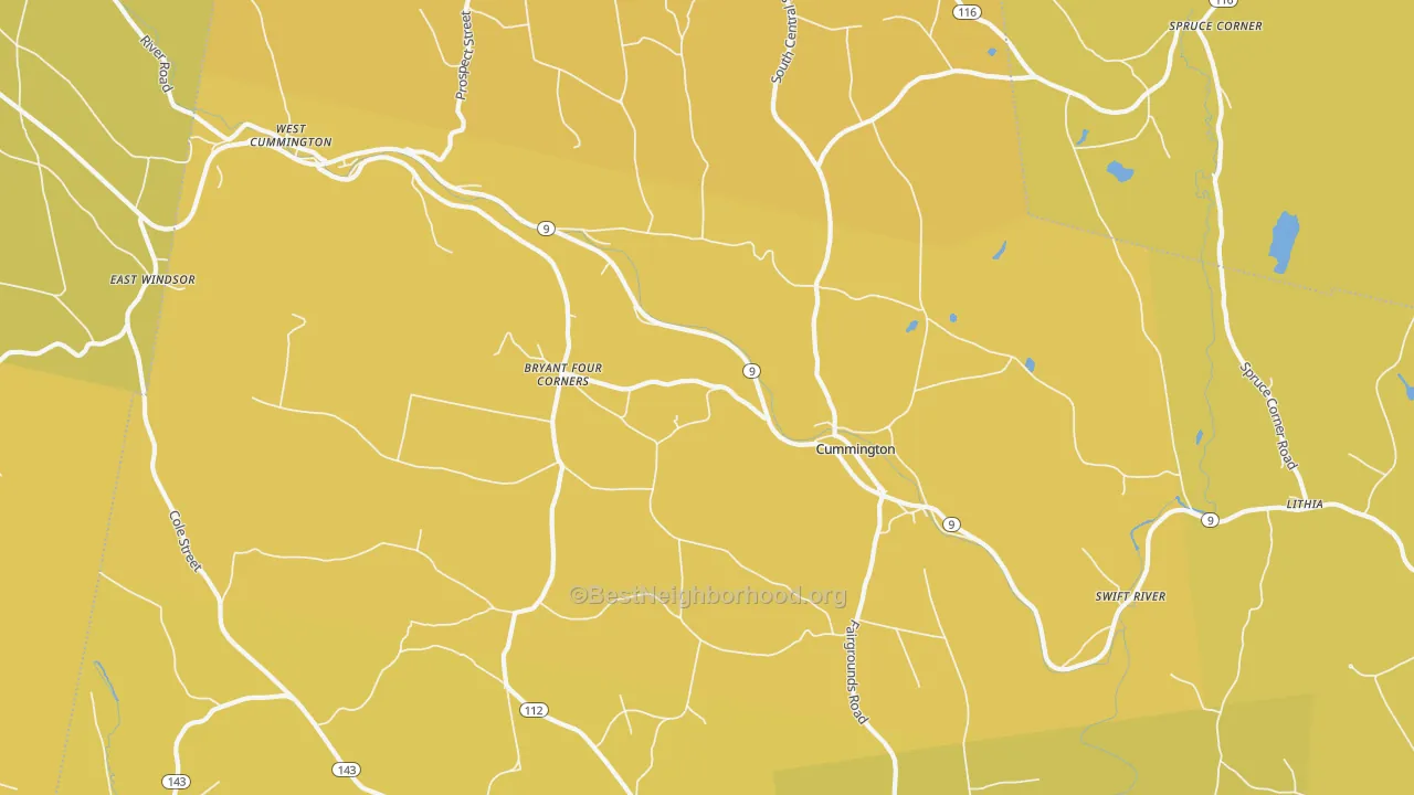 Map of the best neighborhoods in the Cummington area, with better matches in green and worse matches in red