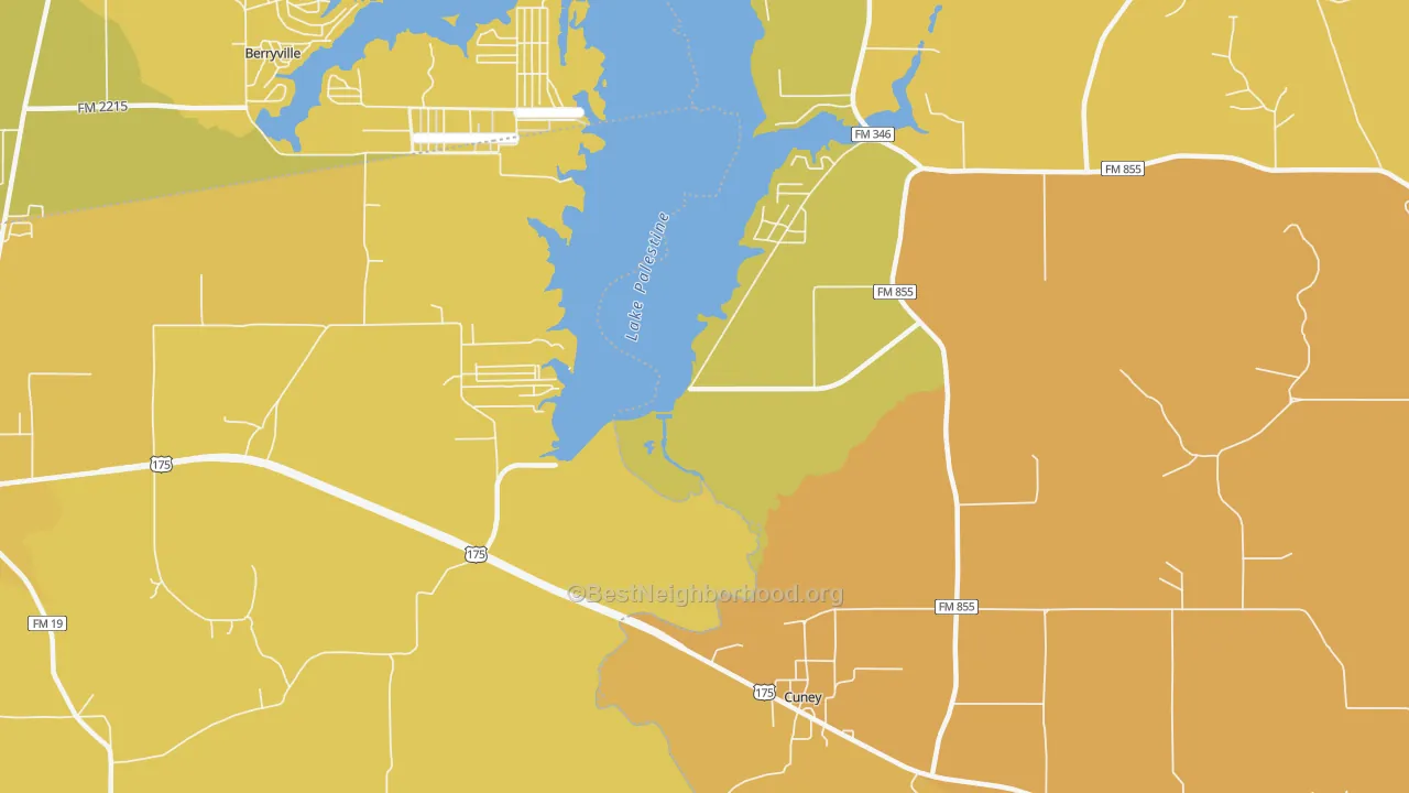 Map of the best neighborhoods in the Cuney area, with better matches in green and worse matches in red