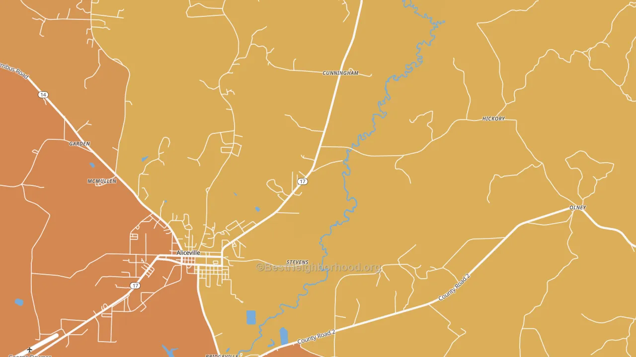 Map of the best neighborhoods in the Cunningham area, with better matches in green and worse matches in red