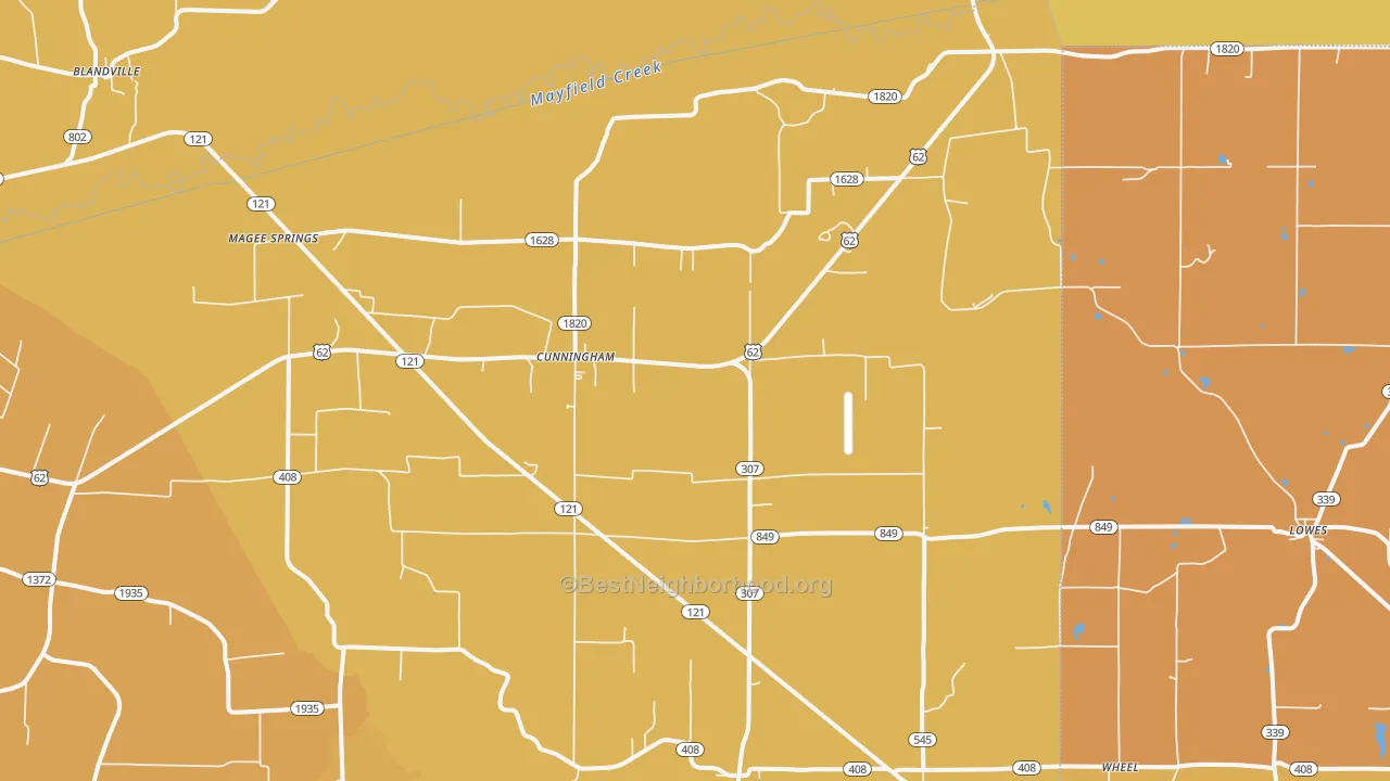 Map of the best neighborhoods in the Cunningham area, with better matches in green and worse matches in red
