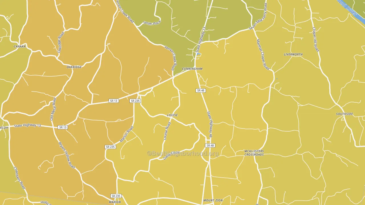 Map of the best neighborhoods in the Cunningham area, with better matches in green and worse matches in red