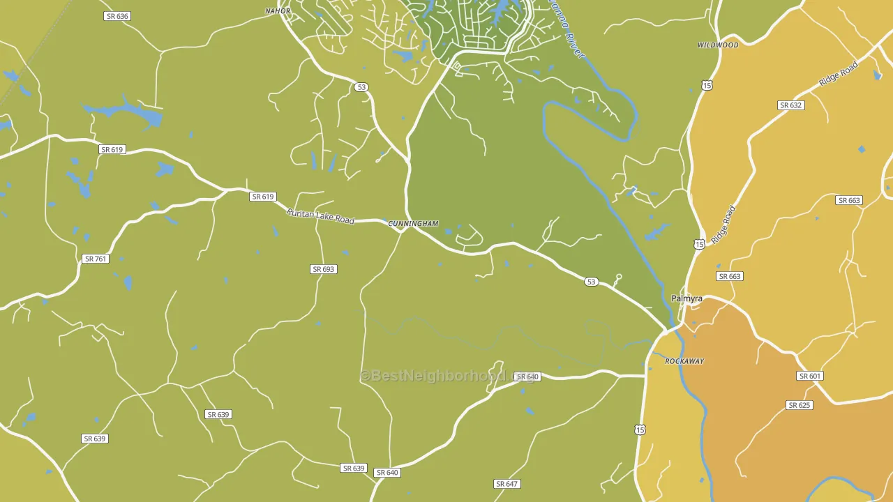 Map of the best neighborhoods in the Cunningham area, with better matches in green and worse matches in red