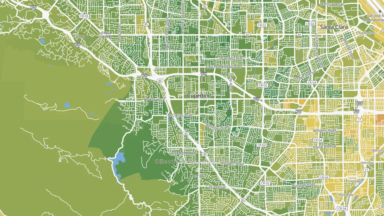 Map of the best neighborhoods in the Cupertino area, with better matches in green and worse matches in red
