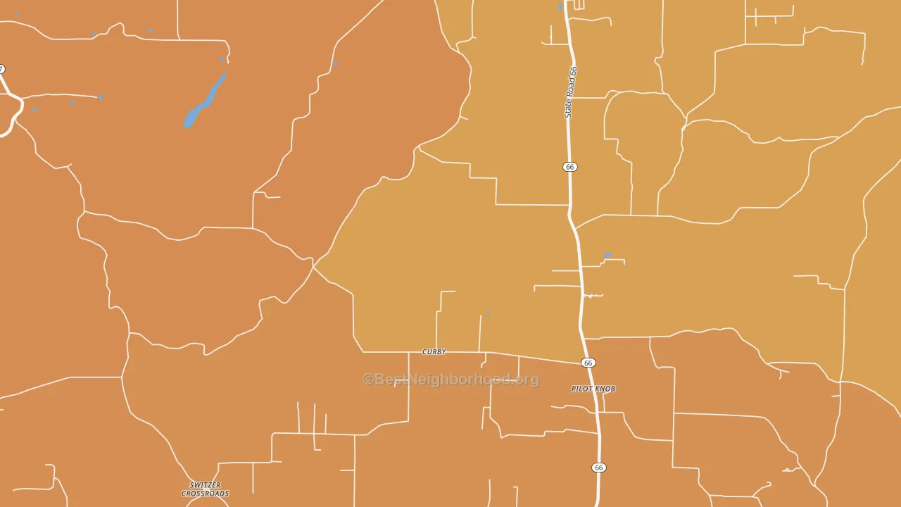 Map of the best neighborhoods in the Curby area, with better matches in green and worse matches in red