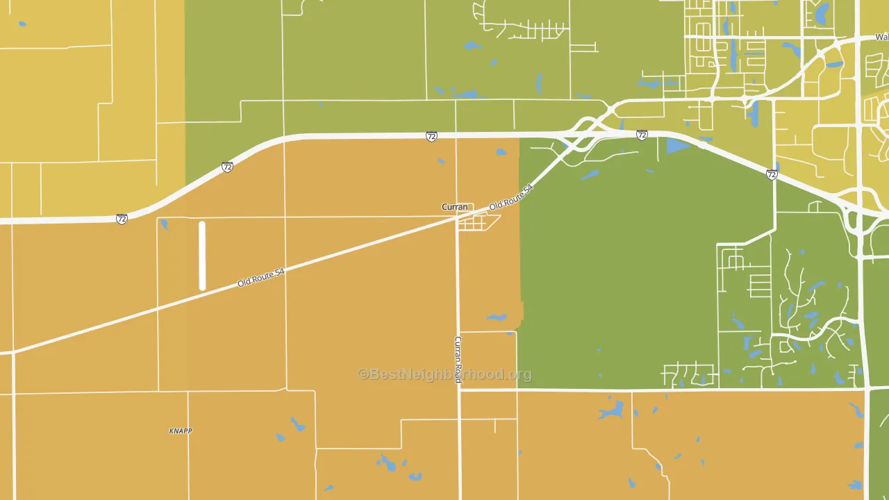 Map of the best neighborhoods in the Curran area, with better matches in green and worse matches in red