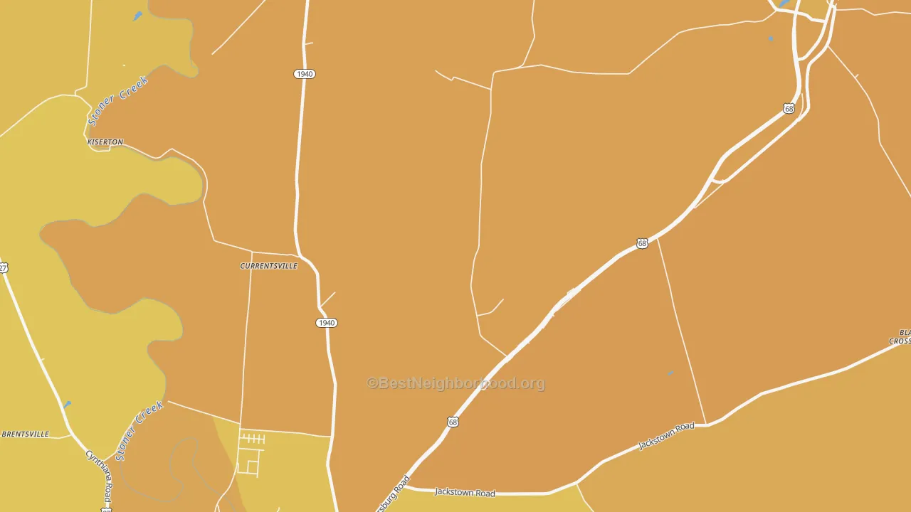 Map of the best neighborhoods in the Currentsville area, with better matches in green and worse matches in red