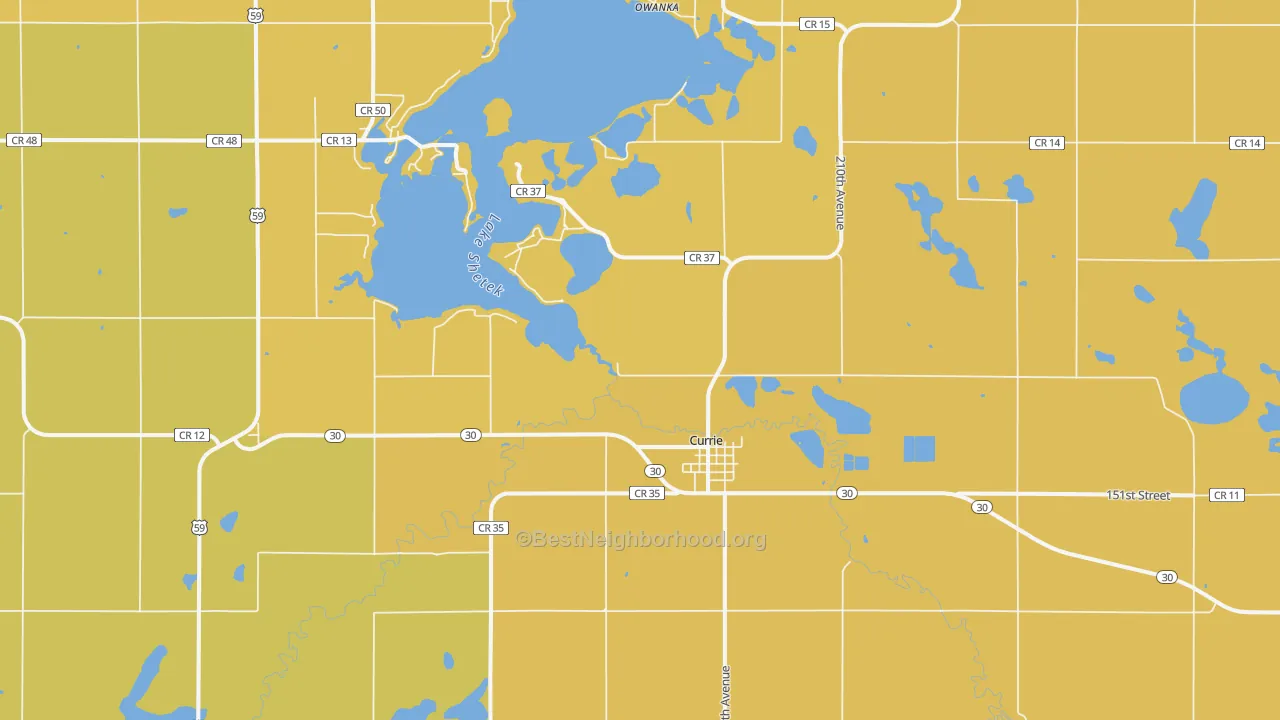 Map of the best neighborhoods in the Currie area, with better matches in green and worse matches in red