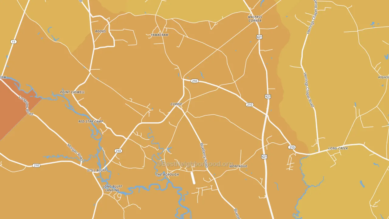Map of the best neighborhoods in the Currie area, with better matches in green and worse matches in red