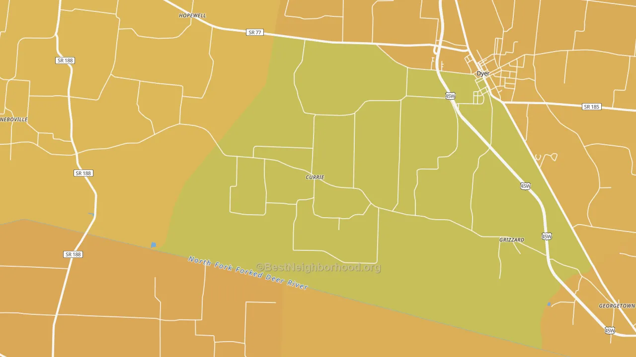Map of the best neighborhoods in the Currie area, with better matches in green and worse matches in red