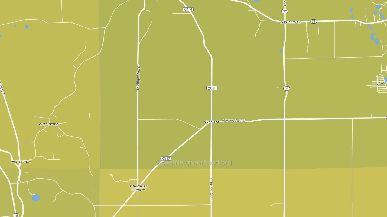 Map of the best neighborhoods in the Curriers area, with better matches in green and worse matches in red