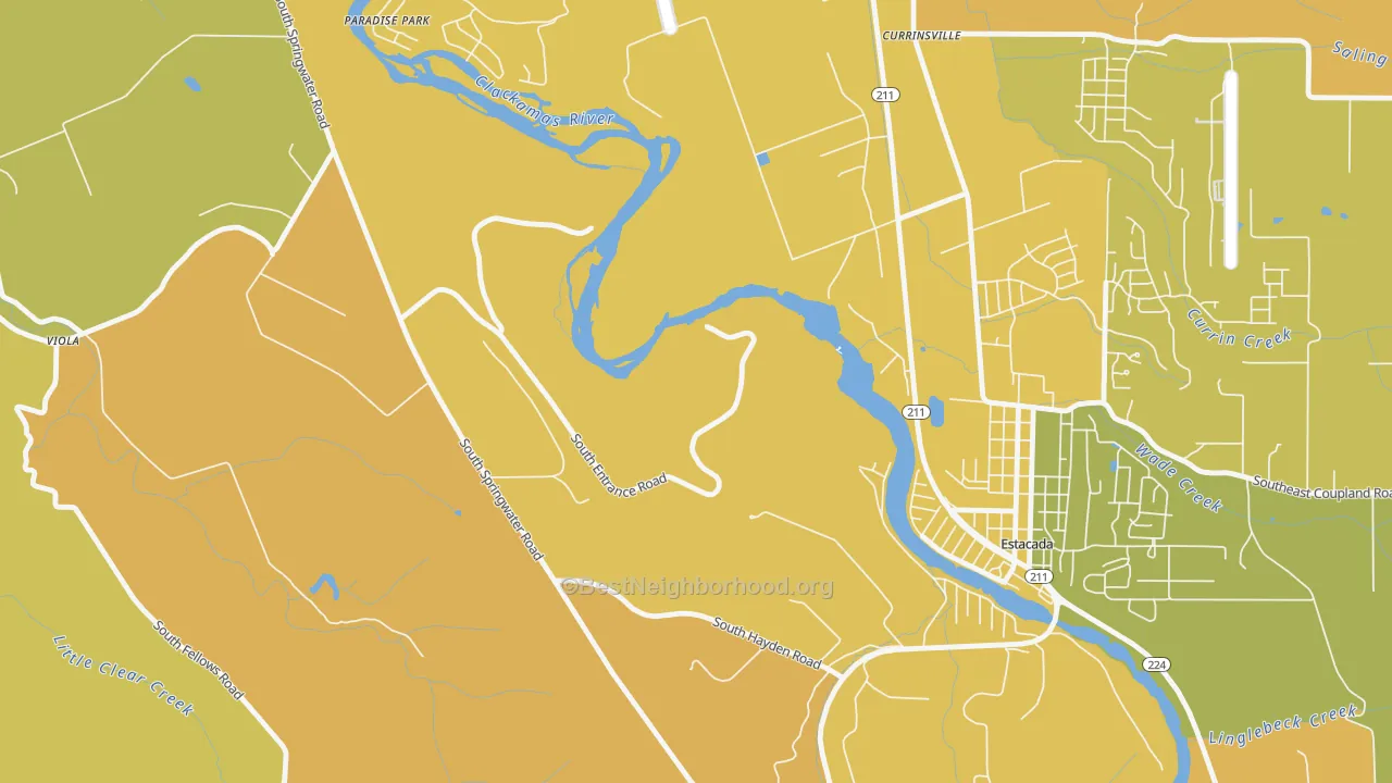Map of the best neighborhoods in the Currinsville area, with better matches in green and worse matches in red