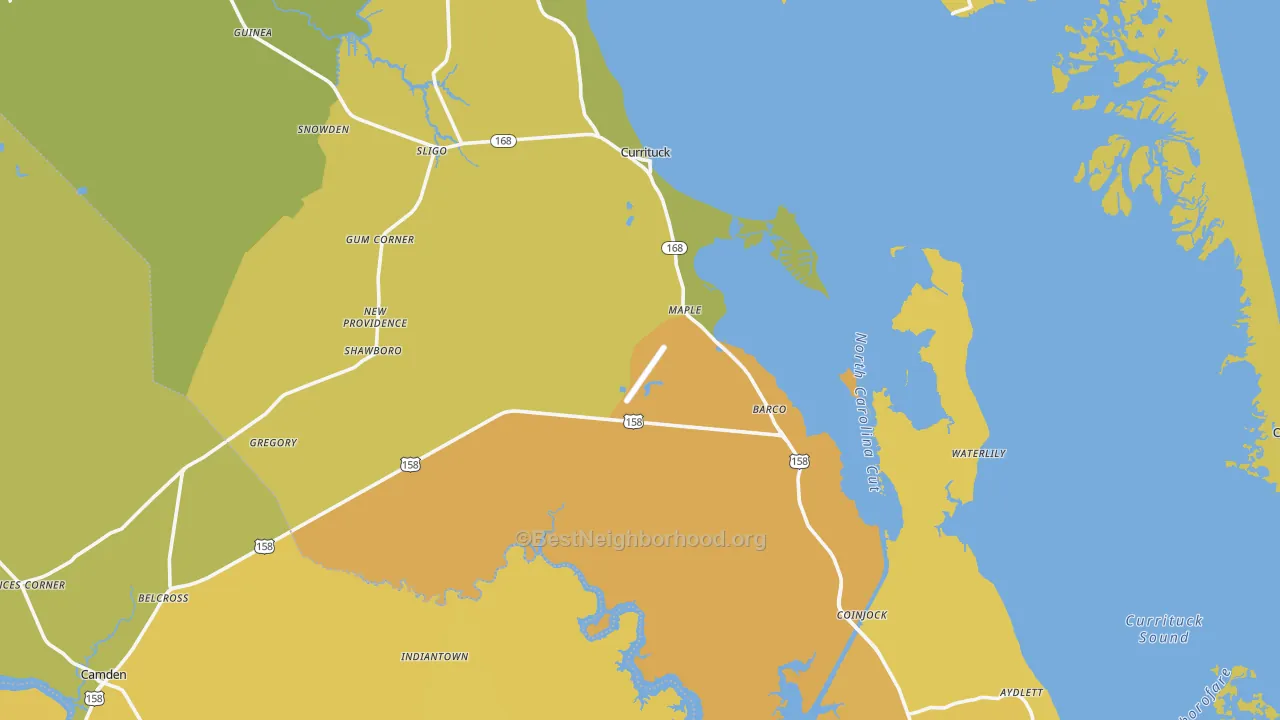 Map of the best neighborhoods in the Currituck County area, with better matches in green and worse matches in red