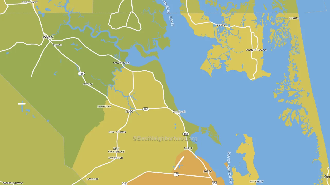 Map of the best neighborhoods in the Currituck area, with better matches in green and worse matches in red