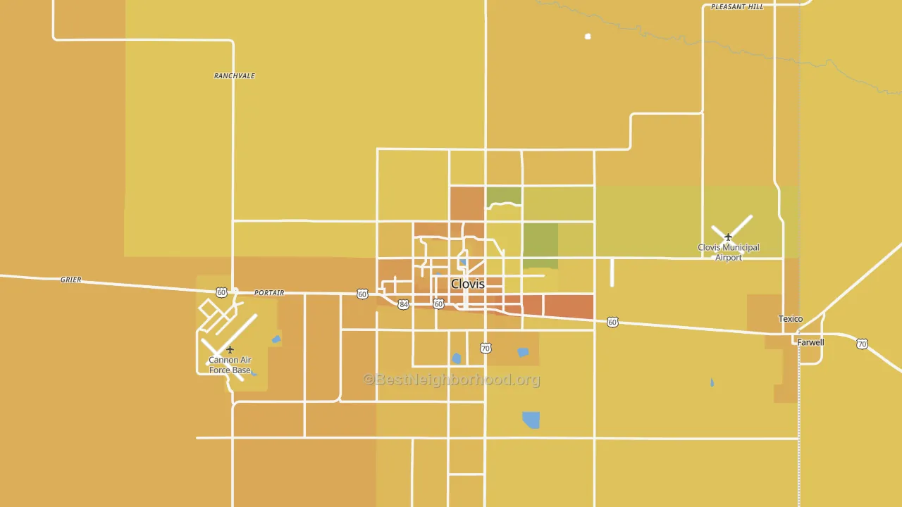 Map of the best neighborhoods in the Curry County area, with better matches in green and worse matches in red