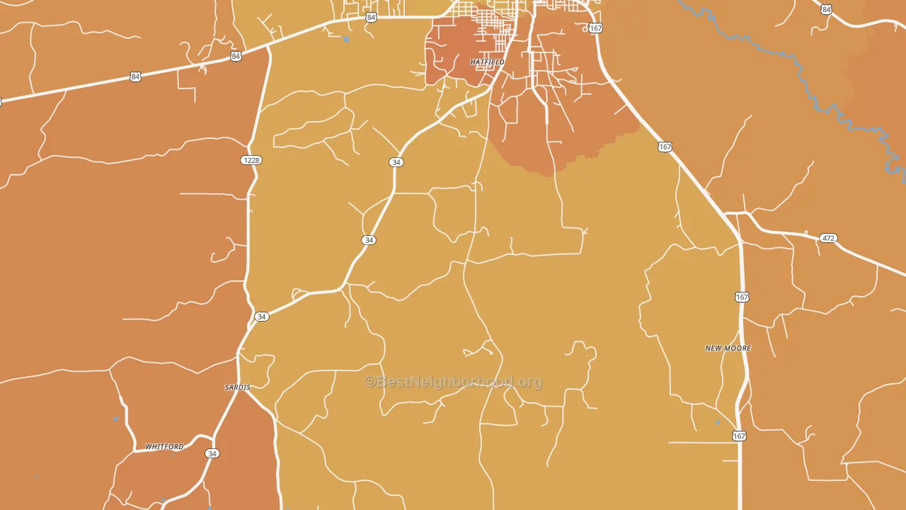 Map of the best neighborhoods in the Curry area, with better matches in green and worse matches in red