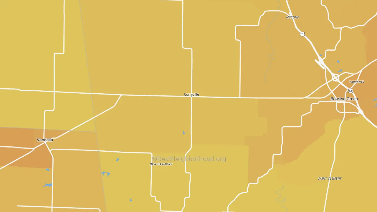 Map of the best neighborhoods in the Curryville area, with better matches in green and worse matches in red