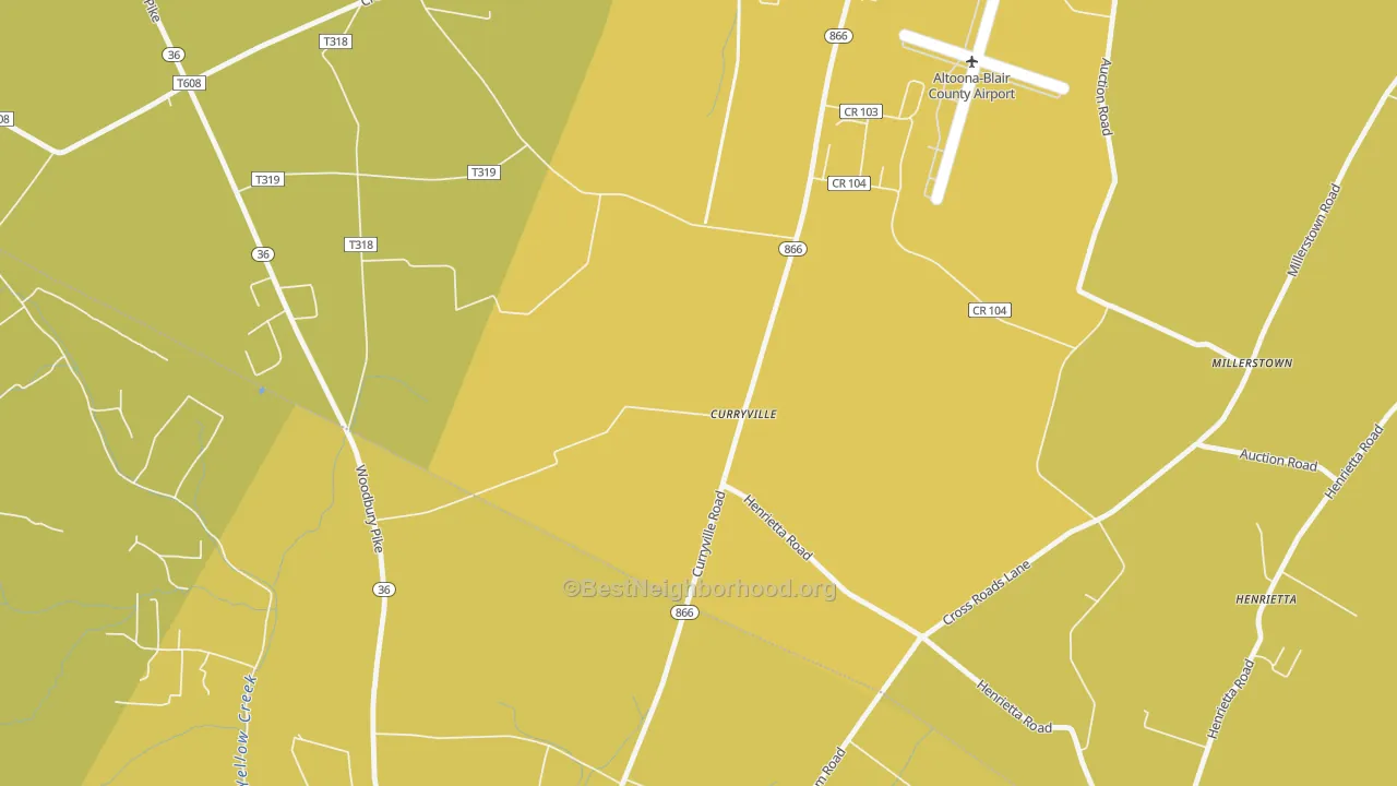 Map of the best neighborhoods in the Curryville area, with better matches in green and worse matches in red