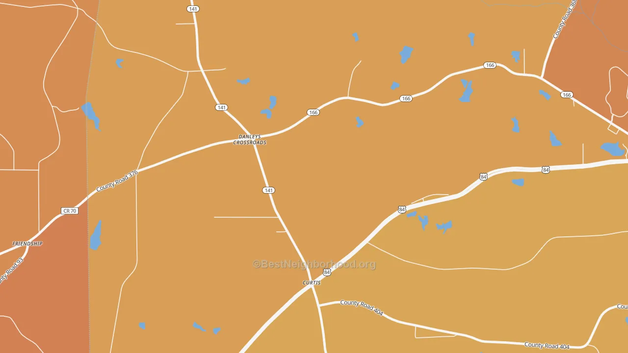 Map of the best neighborhoods in the Curtis area, with better matches in green and worse matches in red