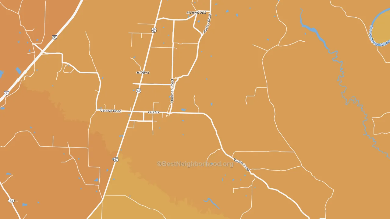 Map of the best neighborhoods in the Curtis area, with better matches in green and worse matches in red